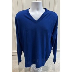 Hugo Boss Wool V‎ Neck Pullover Sweater Blue Logo Designer Luxury Money